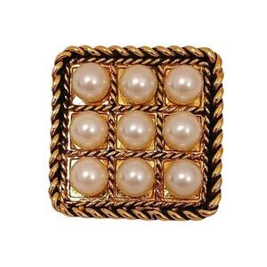 French Costume Brooche Faux Pearls 1.5" Pin Jacket Gold Tone Square Fancy Glam